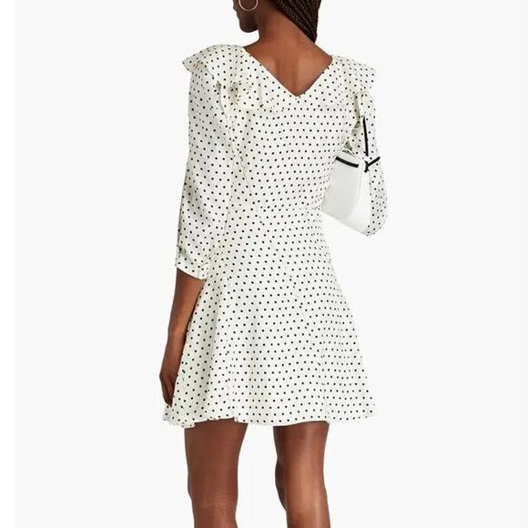 Sandro Puffed Sleeve Ruffled Polka Dot Twill Mini Dress White/Black 34 US XS - Picture 2 of 13